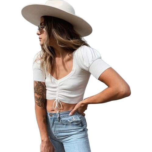 Sexy Women Short Bubble Sleeve Knit Blouse Summer Short Sleeve Deep V-neck Casual Clothes Drawstring Pleated Crop Top T-Shirts