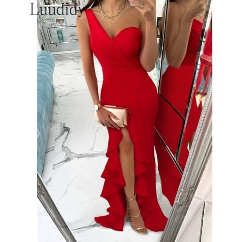 Sexy One Shoulder Asymmetrical Ruffle Hem Split Bodycon Dress