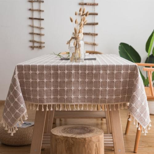 Modern Solid Cotton Linen Tablecloth Gray Embroidered Plaid Tassel Rectangular Dining Table Cloth for Christmas Banquet Decor
