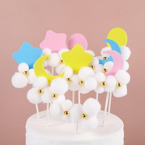 1 Pcs Cute Star Moon Soft Pompom Cloud Cake Toppers Happy Birthday Party DIY Cake Topper Flags Cake Decorations Festival Supply