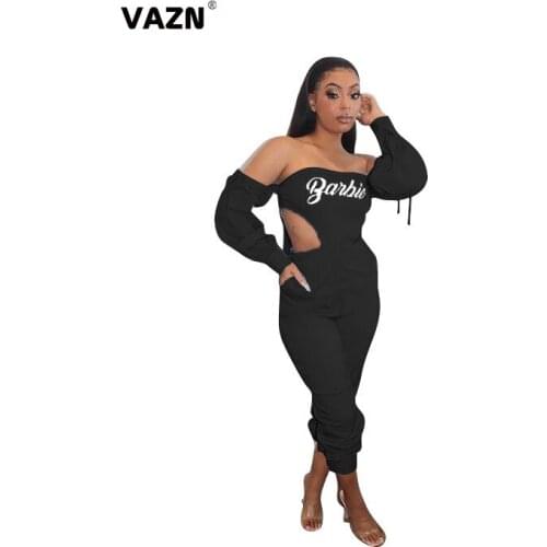 VAZN 2020 Autumn New Arrival Young Sexy Club Hollow Out Letter Strapless Full Sleeve Skinny Women High Waist Pencil Jumpsuits