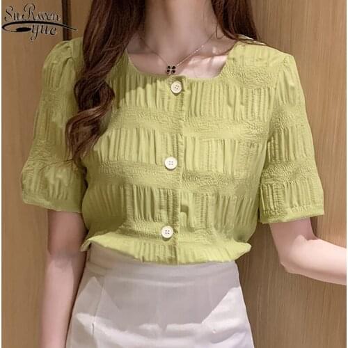 2021 Korean Style Summer New All-match Square Collar Slim Short-Height Short Sleeve Bubble Chiffon Blouse Womens Shirts 9365