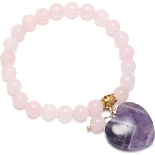 Natural Rose Quartzs Bead Bracelet Women Girl Fashion Hearts Amethysts Pendant Bangle Bracelets Yoga Healing Energy Jewelry Gift