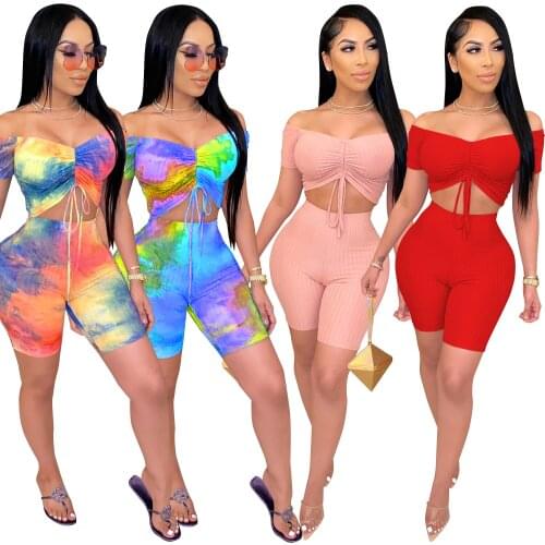 Solid Color Tie Dye Print Off The Shoulder Short Sleeve Pleated Tshirt and Biker Shorts Two Piece set Women Summer Casual Suits