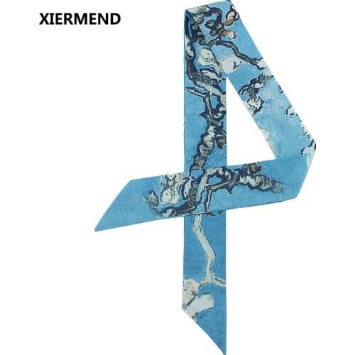 2018 paint apricot flower tied bag ribbon ladies twill simulation silk scarf hair band head skinny scarves