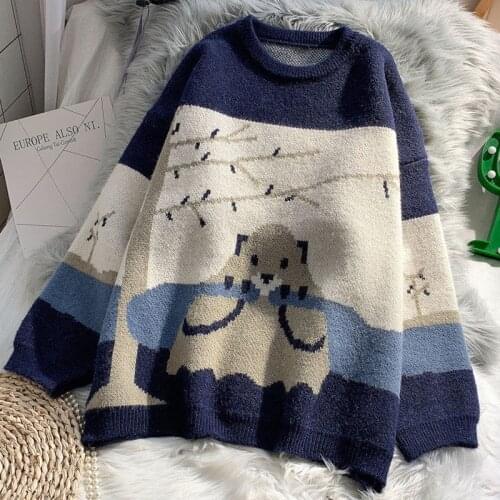 2021 Autumn Winter Cartoon Print Sweater Women O-neck Solid Loose Korean Knitted Pullovers Casual Sweaters Oversized Jumper