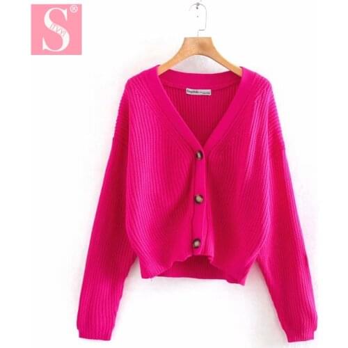 STVY Fashionable Cardigan Womens Spring Autumn 2021 New Loose Casual Rose Red V-neck Knitting Single-Breasted Coat Female