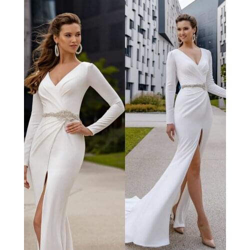 Long Spaghetti Mermaid V-Neck Wedding Dresses with Slit Sweep Train Satin Abendkleider White Maxi Bridal Gowns for Women