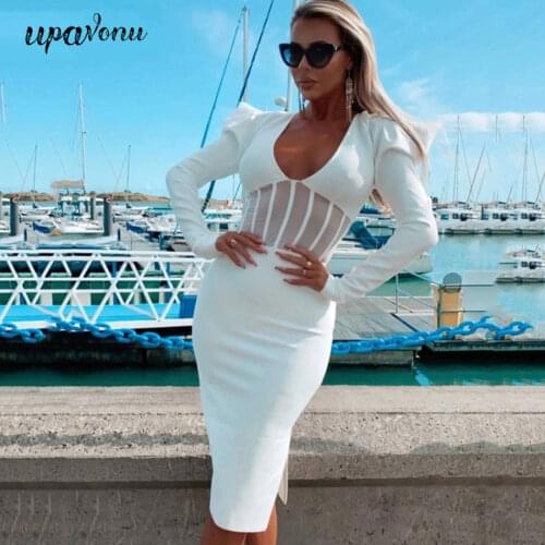 Free Shipping 2020 Autumn New Womens White Sexy Bandage Dress V-neck Puff Sleeve Bodycon Mesh Patchwork Dress Club Party Dress