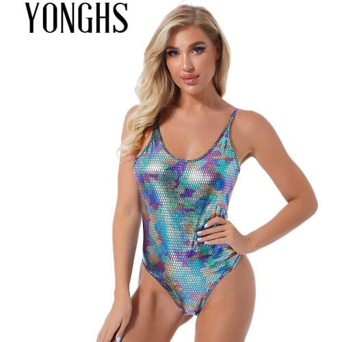 Womens Metallic Shiny Faux Leather Bodycon Bodysuit Snakeskin Printed Spaghetti Strap Slim Romper Scoop Neck Sleeveless Jumpsuit