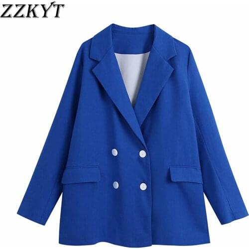 ZZKYT 2021 Women Spring Fashion Solid Double Breasted Blazers Coat Vintage Lapel Collar Long Sleeve Office Ladies Casual Tops