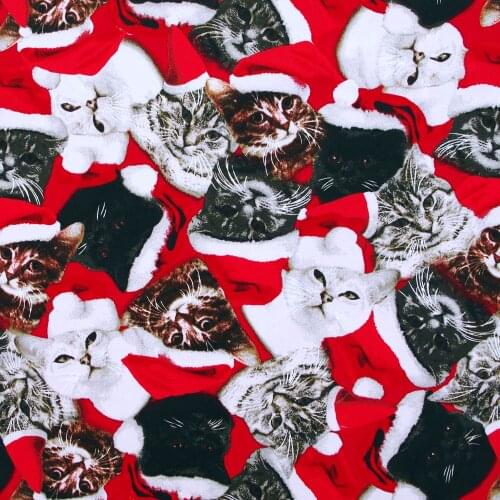 1 yard Cotton Poplin Fabric for sewing pathwork, dress, cloth, bedding - Cat on red background (width=140cm)