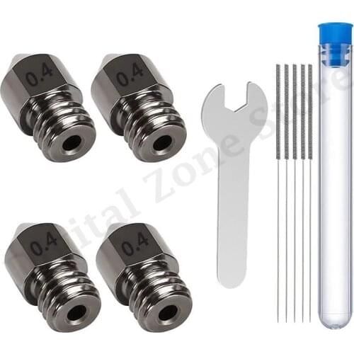 4PCS 0.4mm Hardened Steel MK8 Nozzle + 5PCS Cleaning Needles + Wrench Kit for Makerbot, Creality CR-10, Ender 3/ Ender3 pro