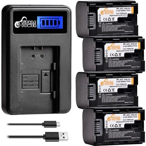 4pcs 2700mAh BN-VG121 VG121U VG121US Battery & LCD USB Charger for JVC Everio GZ-E Series BN-VG138 BN-VG107 VG107U VG108 VG114