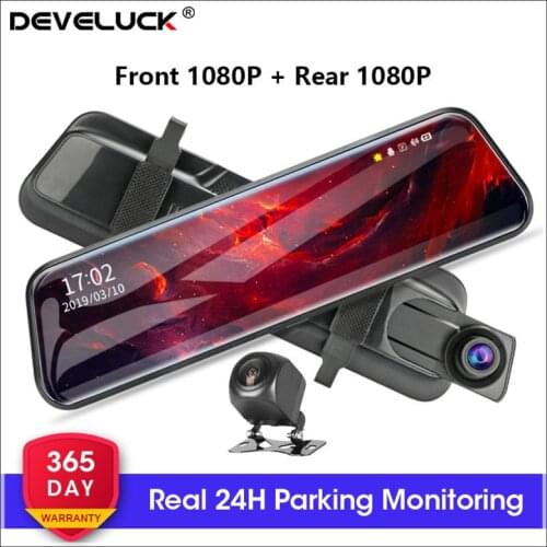 Develuck 10 " Touch Screen 1080P Car DVR Stream Media HD Night Vision Dual Lens Video Recorder Rearview mirror 24h Monitoring
