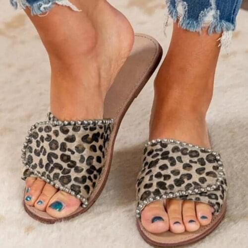 Flats womens shoes summer beach slippers leopard print light non-slip rubber bottom outside female slides casual footwear