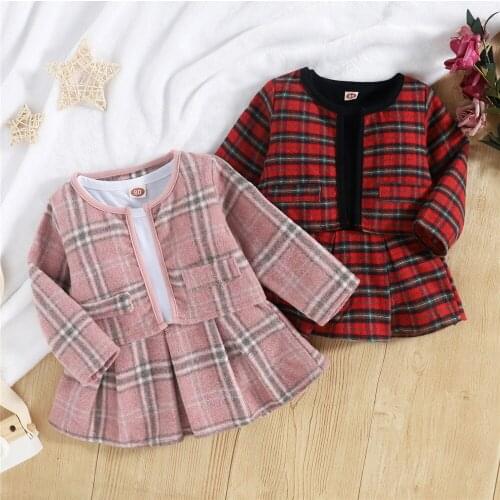 1-6Y Girls Clothing Set Toddler Girls Long Sleeve Plaid Kids Cardigan Jackets+Dress 2pcs Elegant Children Clothing Warm Outfits