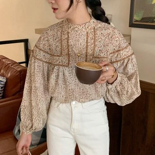 Lamtrip 2021 Spring Korean Floral Print Kawaii Lolita Long Sleeve Stand Collar Shirt Blouse Causal Blusas