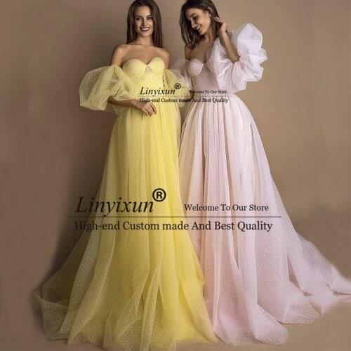Linyixun Sweetheart Pink Long Evening Dress Party Elegant 2020 Robe De Soiree Detachable Sleeves Yellow Prom Dresses With Belt