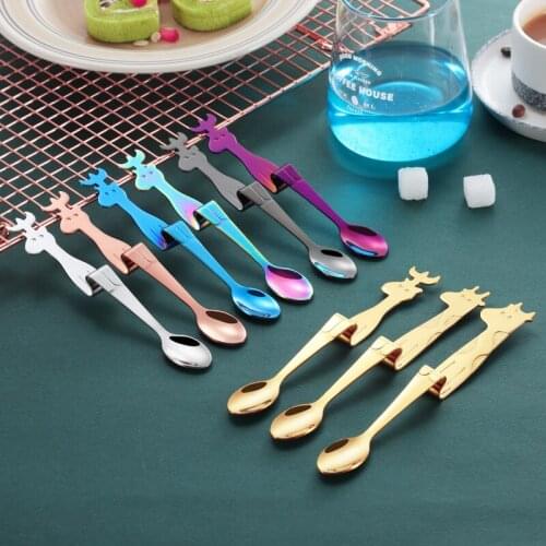 3pcs set, colorful stainless steel coffee spoons, deer family design, Christmas deer family tea spoon, hang-on cute funny spoon