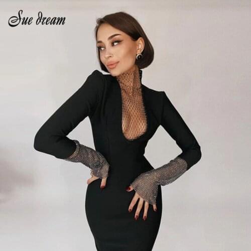 2021 New Womens Knee Long Bandage Dress Sexy Hollow Fishnet Rhinestone Long Sleeve Celebrity Runway Evening Party Dress vestido