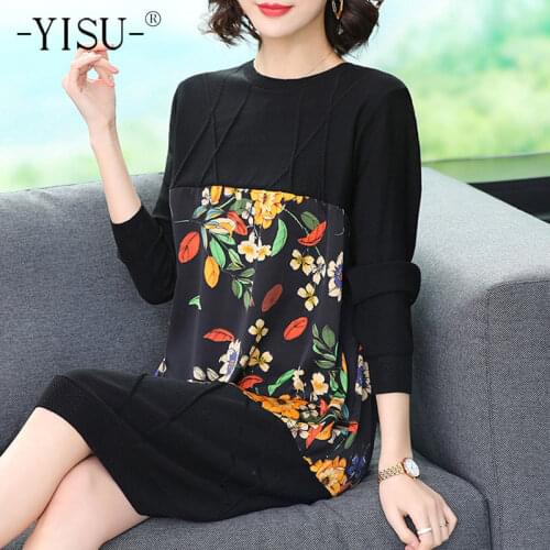 YISU 2021 New Women Spring Dress O-Neck Stitching Knitted pullover Dress Thin Jumper Dress Long sleeve Fashion Female Dress