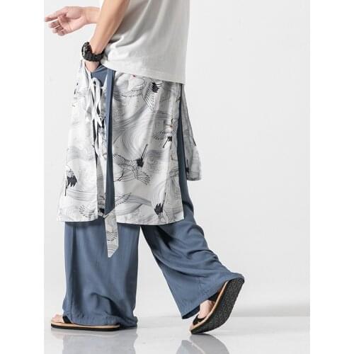 Summer 2021 New Chinese Style Hanfu Pants for Men Loose Elegant Wide Leg Dance Costume Double Layer Fake Two Piece Casual Pants