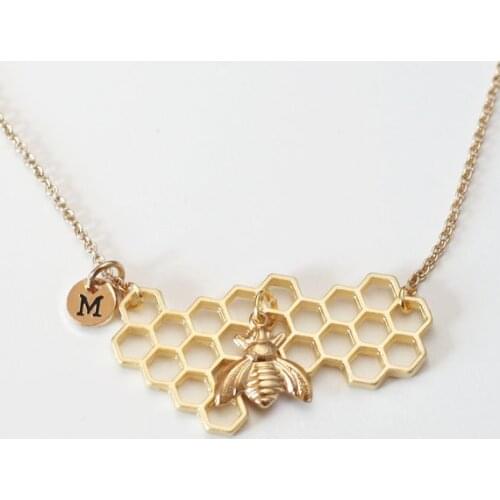 Personalize initial Honeycomb Necklace with Bee Charm, honey drop and honey bee necklace, Graduation gift, mothers day gifts