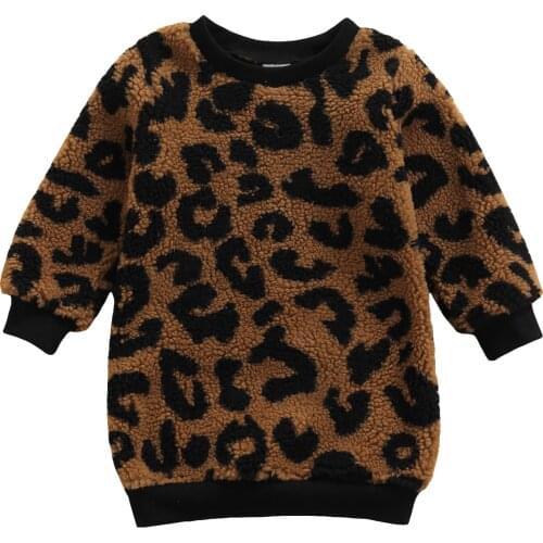 2-6Years Girls Breathable Fleece-lined Dress, Children Autumn Winter Leopard Print Round Collar Long Sleeve Dresses