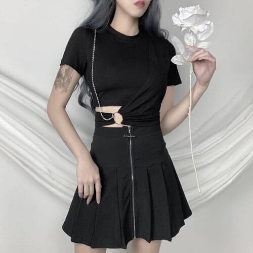 Chain Patchwork Casual Top Tees Gothic Black Hip Pop Tshirts Bodycon Hollow Out T-shirt Streetwear Punk Tshirt