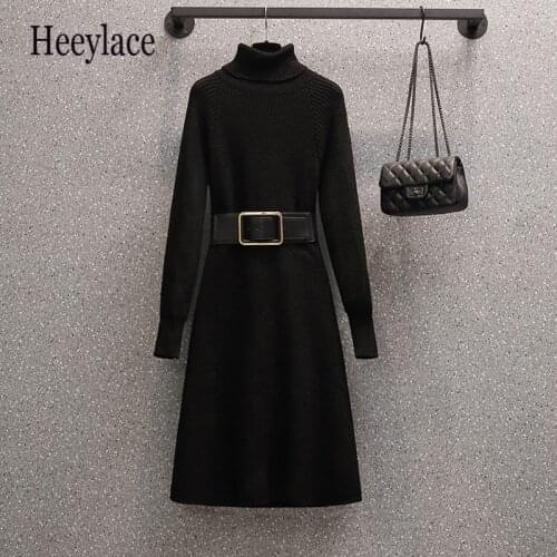 Plus Size Women Korean Knitted Sweater Dress Autumn Winter Warm Long Sleeve High Neck Elegant Fashionable Dresses Women Vestidos