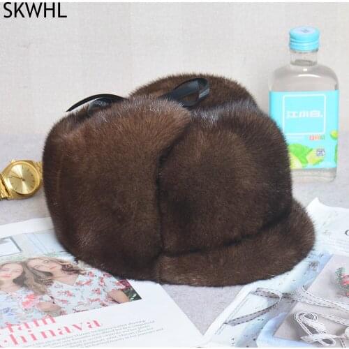 Mink Fur Cap Men Luxury Winter 100% Whole Marten Hair Genuine Mink Fur Bomber Hats Male Thick Ear Warm Brown/Black Gorras Hombre