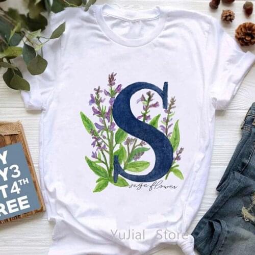 S Is For Sage Graphic Print Tshirts Women Clothes 2021 Floral Alphabet 26 Letter T Shirt Femme Harajuku Shirt Streetwear
