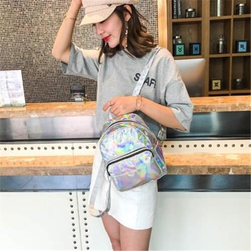 Hot Women Girls PU Leather Cool Solid Hologram Laser Metallic Color Zipper Casual Backpack School Shoulder Bag