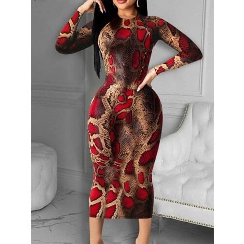 Spring Summer Women Sexy Slim Fit Long Sleeve Snakeskin Print Long Sleeve Skinny Midi Dress Nightclub