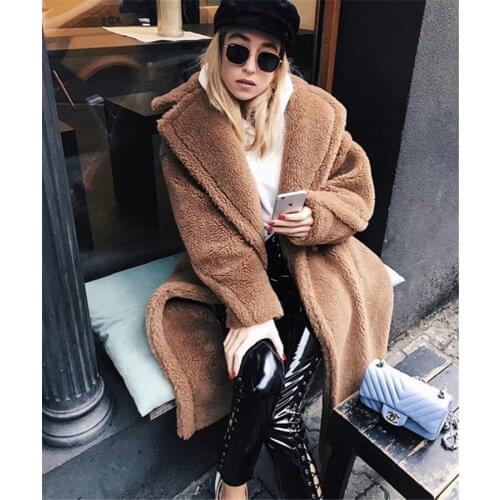 Winter Faux Fur Street Long Coat Female Turn Down Collar Lamb Oversized Fur Coats Outerwear 2020 Women Cotton Padded Warm Parka