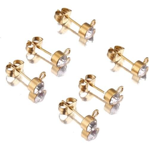 10PCS 3 4 5MM Stainless Steel Stud EarringsRhinestone Ear Post with Open Ring for DIY Earring Jewelry Making Wholesale