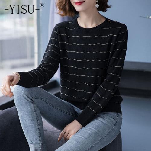 YISU 2021 Spring Women Sweater O-Neck Spring top Solid color Long sleeve Female Jumper Fashion Stripe All-match Knitted pullover