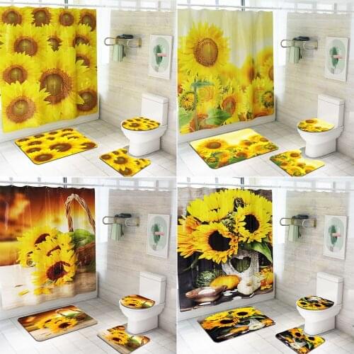 3D Summer Bright Sunny Flowers Shower Curtain Sunflower Pattern Non Slip Toilet Mat Bathroom Carpet Cover Rug Bath Curtains Set