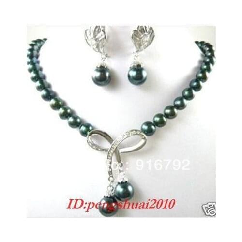 Free shipping ******Pretty 7-8mm black shell pearl Butterfly crystal Pendants necklace earring set