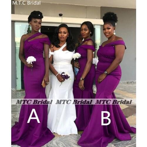 Long Purple 2021 Mermaid Bridesmaid Dresses One Shoulder Beads Satin African Women Formal Wedding Party Gowns For Maids Of Honor