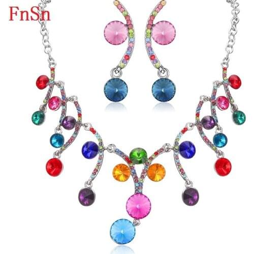 Fnsn 2017 Hot New Fashion Crystal Chokers Necklace Set Women Party Gift Silver Color Colorful Necklace Earrings Jewelry S131