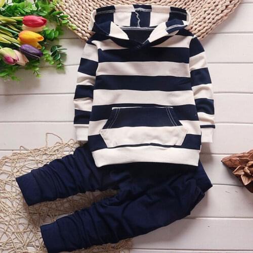 PatPat 2-piece Toddler Boy Stripe Pocket Design Hoodie and Dark Blue Pants Set