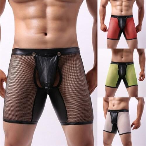 Men Sexy Underwear Long Boxer Male Patchwork Boxer Shorts Bulge Pouch Underpants Underwear Men Mesh Breathable Briefs