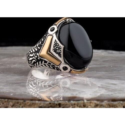 Natural Onyx Stone 925 Silver Engraved Traditional Ring Handmade Turkish Signet Rings Rock Jewelry Gift for Women Men