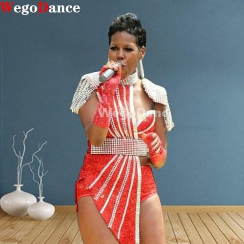 New Women Rhinestone Dress Dj Singer Nightclub Half Dance Costume Sequins Leotard Clothes Stage Jazz