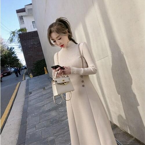 Autumn Suit Womens Skirt Temperament Pure Color Bottoming Sweater Beige Double Breasted Suspender Skirt Outfit Two-Piece Set