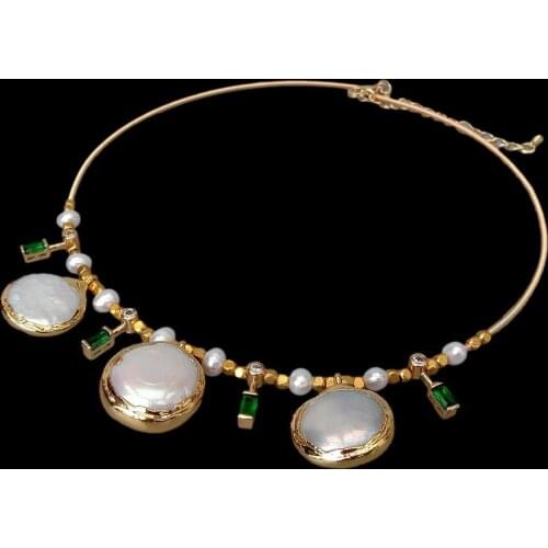 YYGEM Gold plated Natural Cultured White Coin Pearl Potato Pearl Cz Pave Choker Charm Necklace 15"