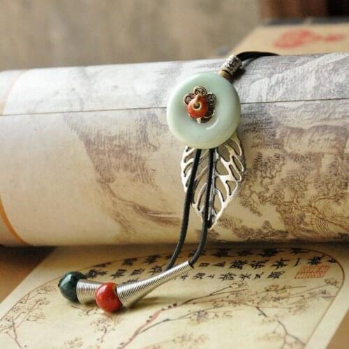 Hollow Leaves Charm Necklace Ceramic Green Stone Beads Statement Choker Long Tassel Pendants Chains For Women Weave Rope Jewelry