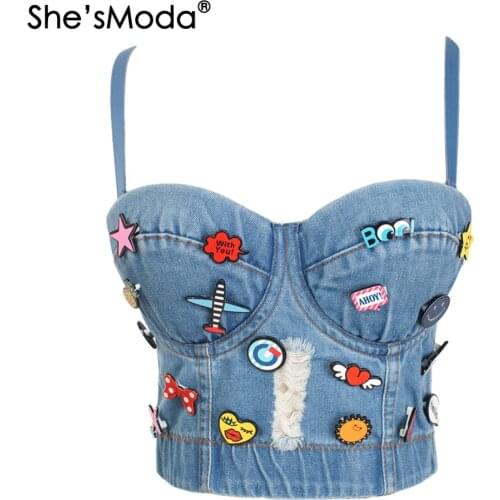 ShesModa Cute Hole Cartoon Decoration Pin Push Up Bustier Womens Bralette Cropped Top Vest Plus Size Corset